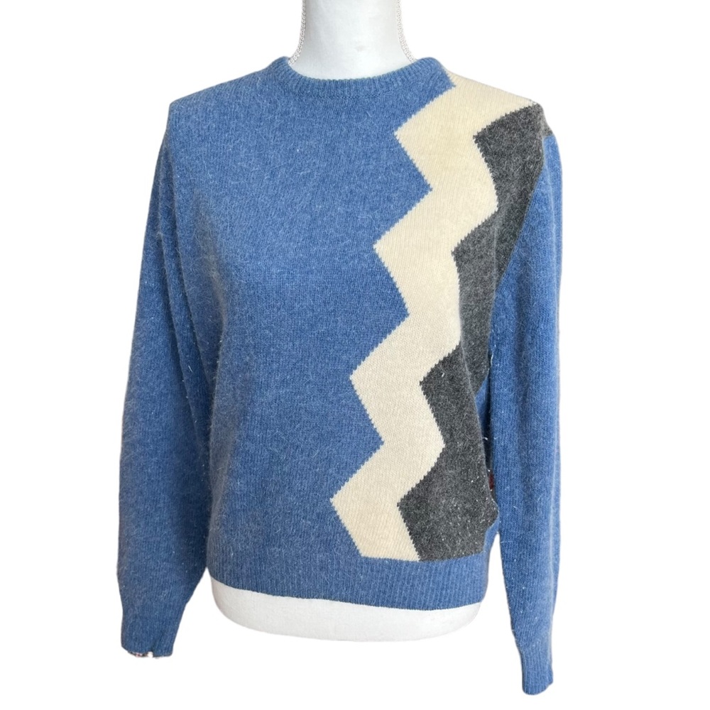 VTG 70s angora sweater hooper baby blue gray zigzag women medium crewneck rare